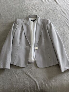 Le Suit Black and White Pinstripe Single-Button Blazer